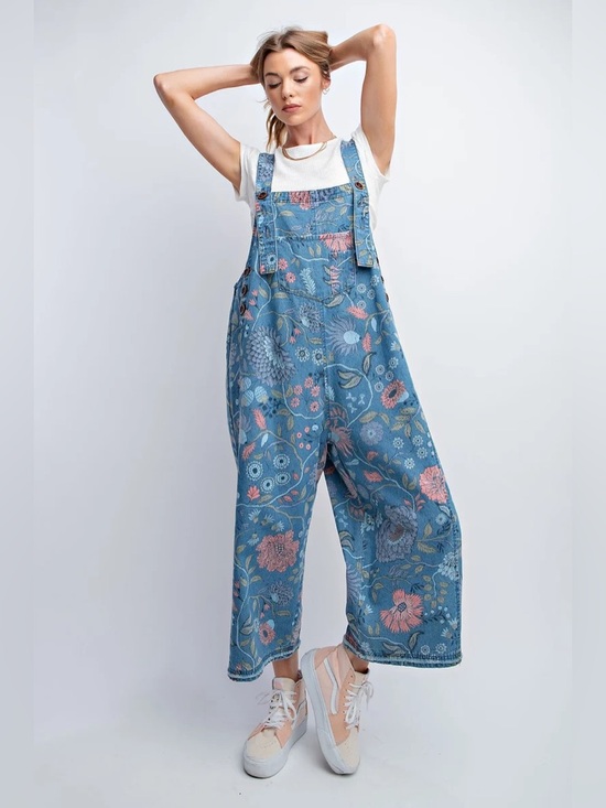 easel Pants - NEW Easel Oversized Floral Print Denim Overall Jumpsuit Washed Denim Size Large